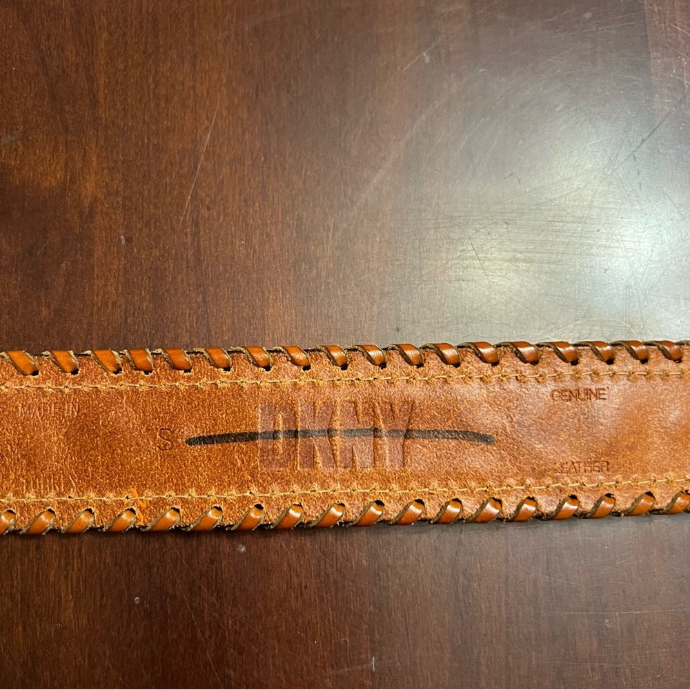 Vintage DKNY Western Leather Belt Whipstitch Boho Y2K Floral Buckle - Picture 9 of 10